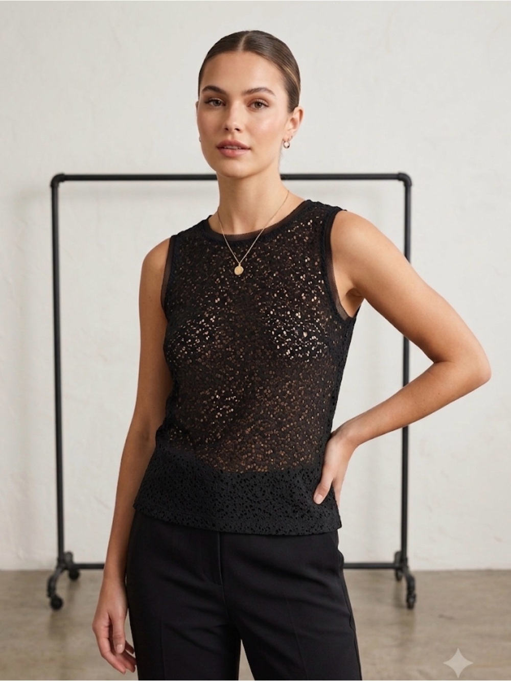 Trina Turk Black Lace Sleeveless Tank Top